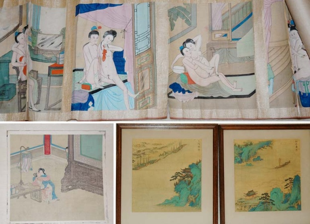 Lot image - Chinese Erotic Album; Together with Two Framed Landscape Paintings and an Erotic Hand Scroll