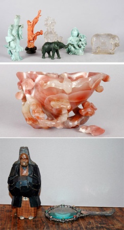 Lot image - Group of Chinese Hardstone Articles; T/W Clear Glass Covered Vase, Coral Figure of a Diver, Silver Magnifying Glass & Japanese Figure