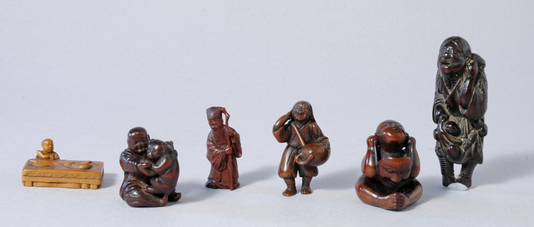 Lot image - Group of Six Japanese Boxwood Netsukes