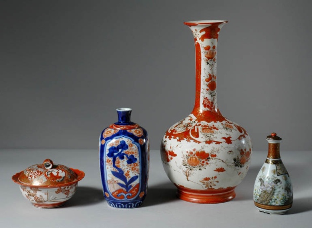 Lot image - Group of Japanese Kutani Porcelain Articles; Together with a Japanese Imari Porcelain Bottle Vase