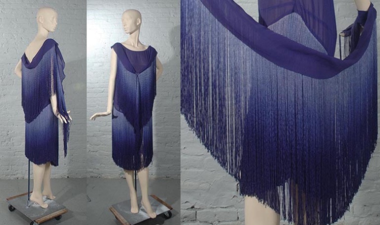 Lot image - Chanel Blue Silk Ombre Fringe Evening Dress and Boa