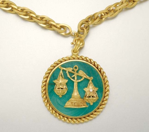 Lot image - Gold, Malachite and Diamond Libra Pendant with Gold Chain