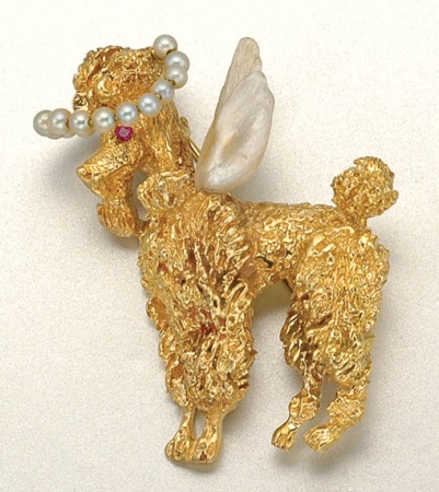 Lot image - Gold, Freshwater Pearl, Seed Pearl and Ruby Poodle Pin