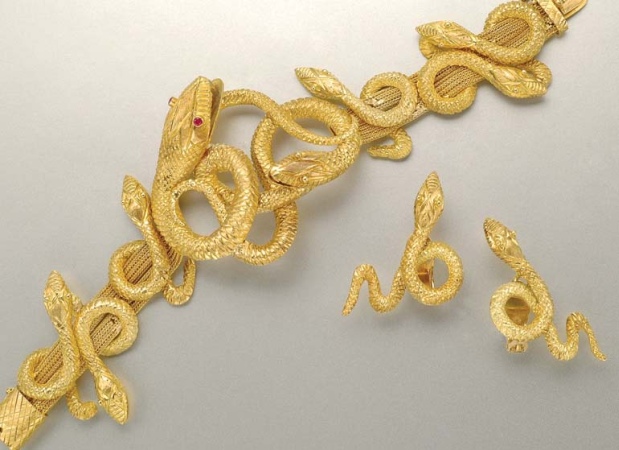 Lot image - Gold Mesh Snake Bracelet and Pair of Earrings