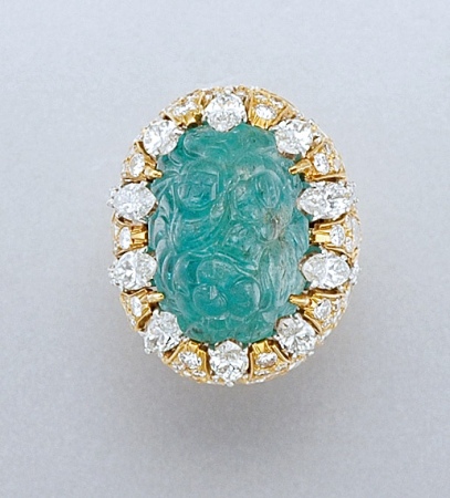 Lot image - Carved Emerald and Diamond Ring