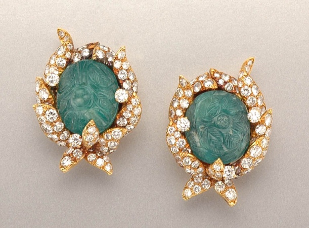 Lot image - Pair of Carved Emerald and Diamond Flower Earclips