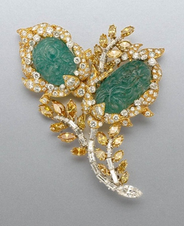 Lot image - Carved Emerald, Treated Diamond and Diamond Flower Brooch