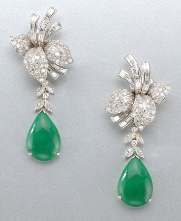 Lot image - Pair of Diamond and Jade Pendant Earrings