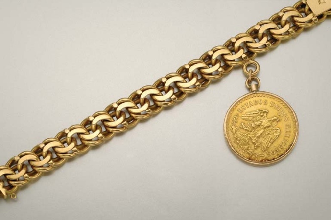 Lot image - Gold Curblink Bracelet with Mexican Coin Charm