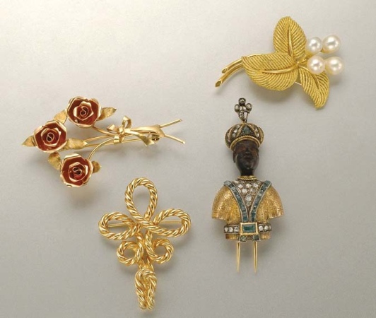 Lot image - Group of Two Gold Brooches, Metal Brooch and Blackamoor Clip