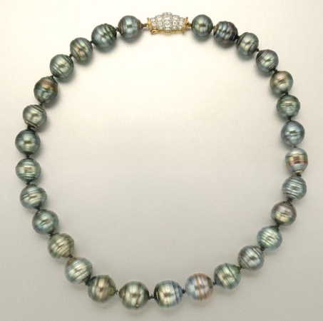 Lot image - Black Baroque Cultured Pearl Necklace with Diamond Clasp