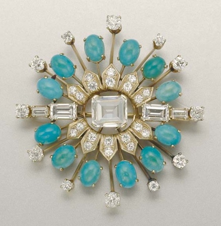 Lot image - Diamond, Simulated Diamond and Turquoise Brooch