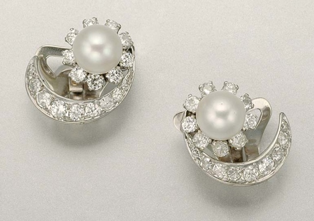Lot image - Pair of Cultured Pearl and Diamond Earclips