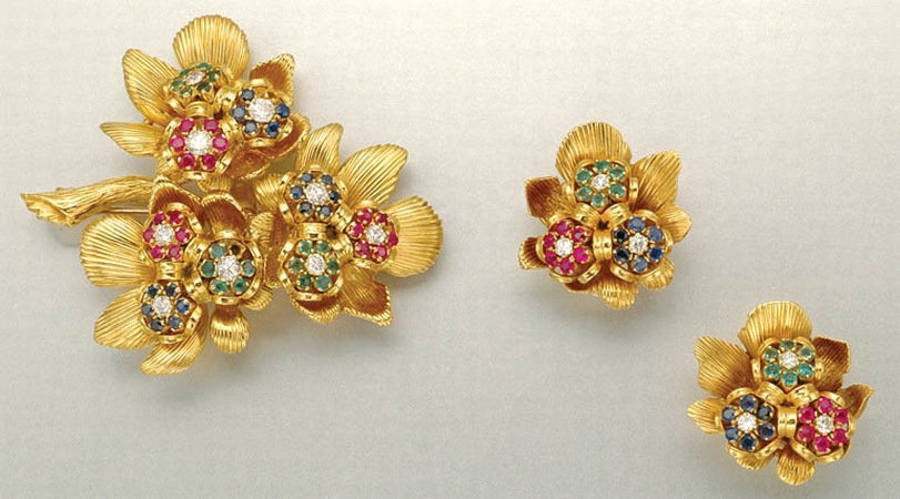 Lot image - Gold, Diamond and Gem-Set Brooch and Pair of Earclips