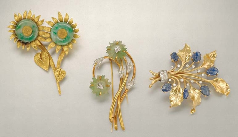 Lot image - Three Gold, Diamond and Gem-Set Flower Brooches