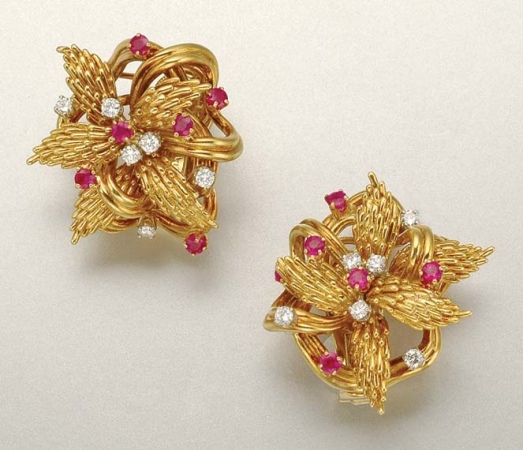 Lot image - Pair of Gold, Ruby and Diamond Earclips