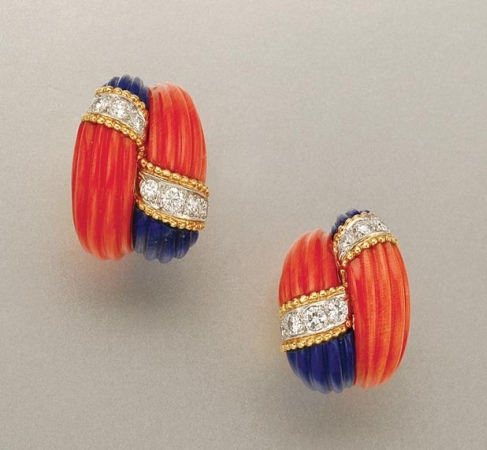 Lot image - Pair of Fluted Coral, Lapis and Diamond Bombe Earclips