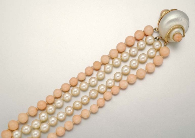 Lot image - Four Strand Cultured Pearl and Coral Bead Torsade Bracelet with Shell and Coral Clasp