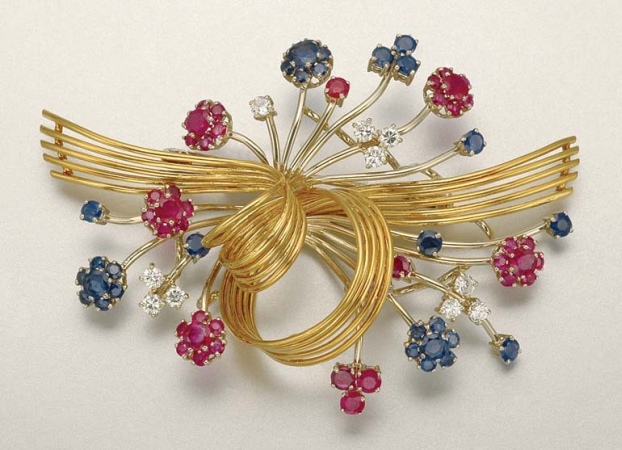 Lot image - Two-Color Gold, Diamond, Ruby and Sapphire Ribbon Brooch