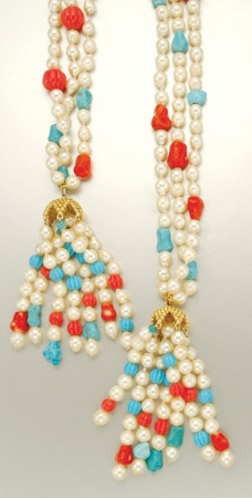 Lot image - Triple Strand Semi-Baroque Cultured Pearl, Coral, Turquoise and Simulated Coral and Turquoise Bead Sautoir
