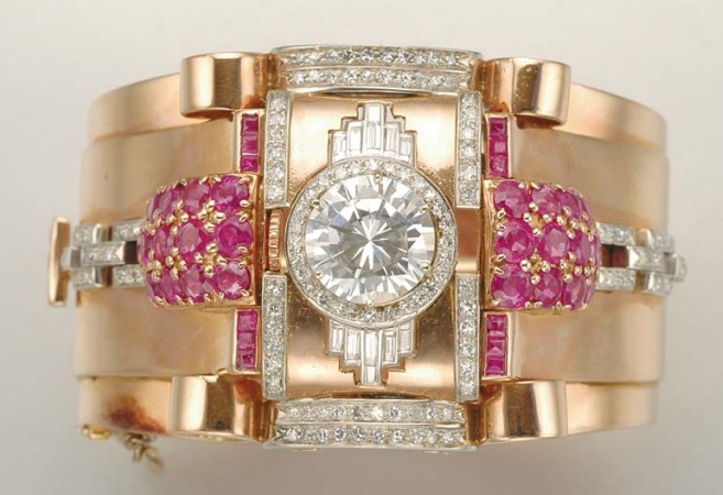 Lot image - Two-Color Gold, Diamond, Simulated Diamond and Ruby Cuff Bangle