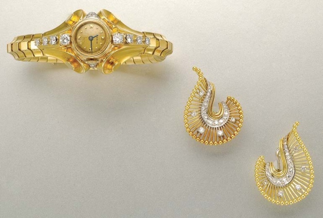 Lot image - Gold and Diamond Wristwatch and Pair of Earrings