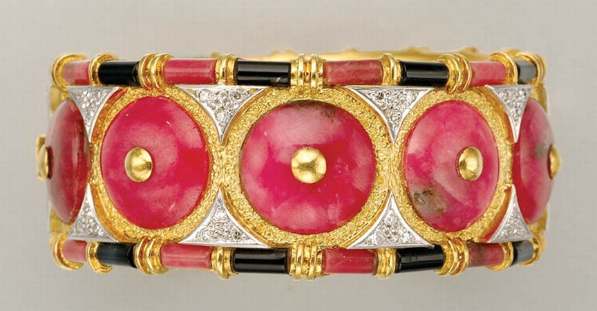 Lot image - Gold, Rhodonite, Black Onyx and Diamond Cuff Bangle