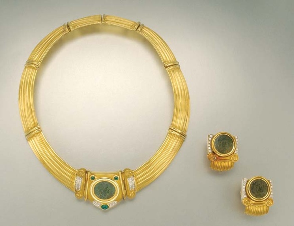 Lot image - Gold, Coin, Emerald and Diamond Necklace and Pair of Earrings