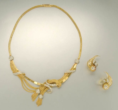 Lot image - Gold and Diamond Necklace and Pair of Earrings