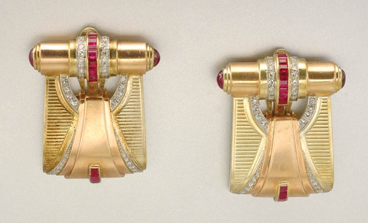 Lot image - Pair of Two-Color Gold, Ruby and Diamond Earclips