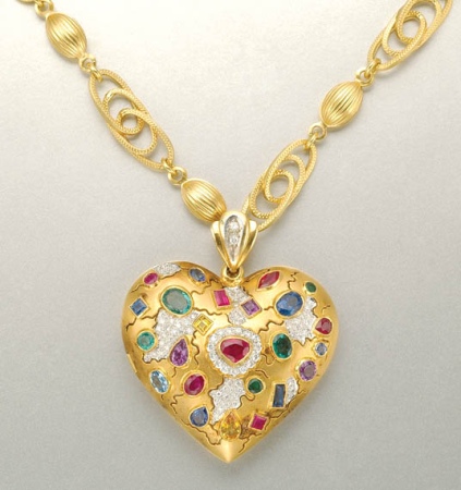 Lot image - Gold, Gem-Set and Diamond Heart Pendant with Chain