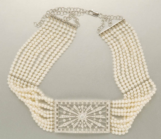 Lot image - Multistrand Cultured Pearl and Diamond Choker Necklace