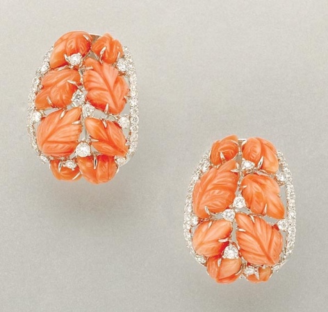 Lot image - Pair of Carved Coral and Diamond Earrings
