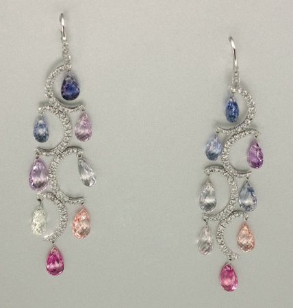 Lot image - Pair of Diamond and Multicolored Sapphire Pendant Earrings
