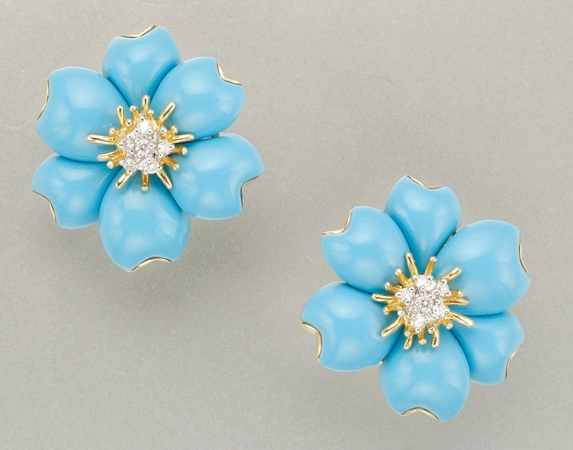 Lot image - Pair of Turquoise and Diamond Flower Earclips