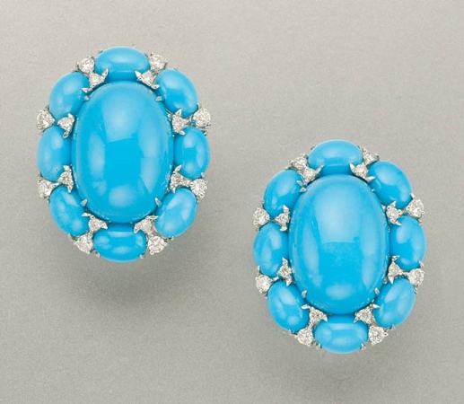 Lot image - Pair of Turquoise and Diamond Earrings