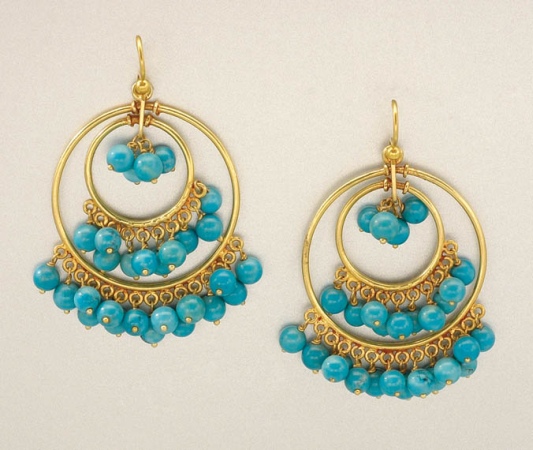 Lot image - Pair of Gold and Turquoise Pendant Earrings
