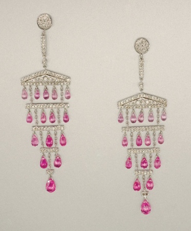 Lot image - Pair of Pink Sapphire and Diamond Pendant Earrings