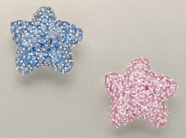 Lot image - Pair of Sapphire and Pink Sapphire Starfish Clip Brooches