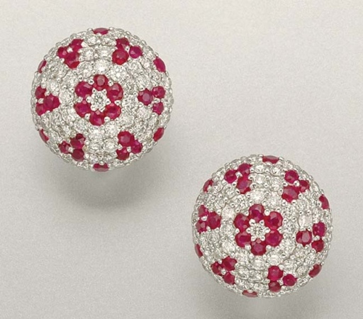 Lot image - Pair of Ruby and Diamond Earrings