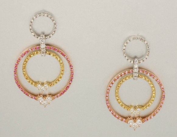 Lot image - Pair of Tricolor Gold, Diamond and Pink and Yellow Sapphire Pendant Earrings