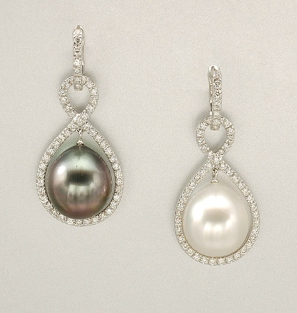 Lot image - Pair of Black and White Cultured Pearl and Diamond Pendant Earrings