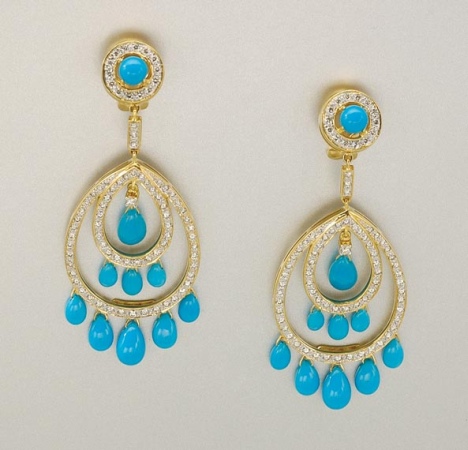 Lot image - Pair of Gold, Turquoise and Diamond Pendant Earrings