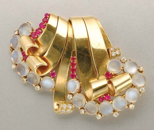 Lot image - Gold, Moonstone, Ruby and Diamond Double Clip Brooch