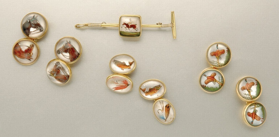 Lot image - Three Pairs of Gold and Reverse Crystal Intaglio Cufflinks and Pin