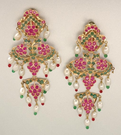 Lot image - Pair of Gold, Ruby, Emerald, Biwa Pearl and Glass Bead Pendant Earclips