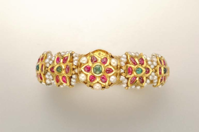 Lot image - Indian Gold, Foiled Back Ruby and Emerald and Pearl Bangle
