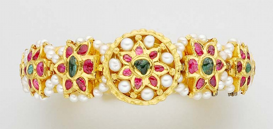 Lot image - Indian Gold, Foiled Back Ruby and Emerald and Pearl Bangle