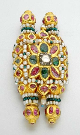 Lot image - Indian Gold, Foiled Back Ruby, Emerald, Diamond, Pearl and Glass Bead Brooch