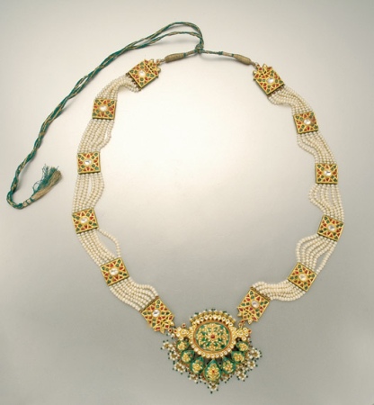 Lot image - Indian Gold, Enamel, Jaipur Enamel, Foiled Back Ruby, Emerald, White Sapphire and Biwa Pearl Pendant-Necklace